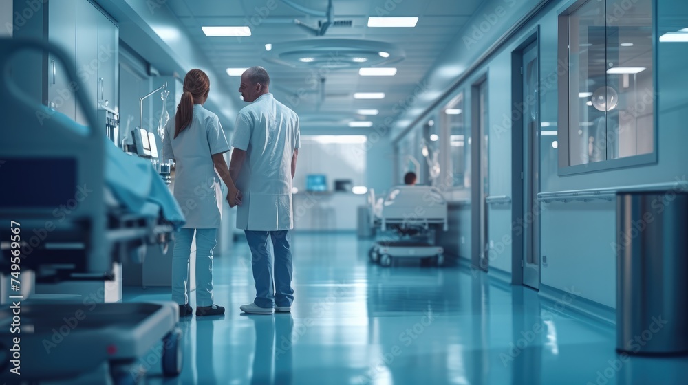 Healthcare Professionals in Hospital Corridor, male doctor and a female nurse converse while walking down the brightly lit corridor of a modern hospital, showcasing teamwork