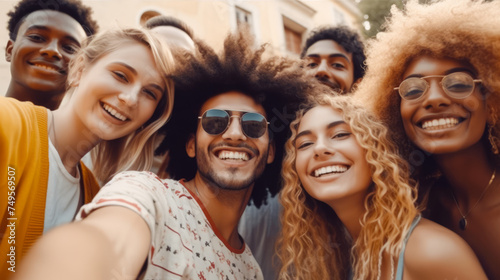Group of multicultural friends taking selfie picture together. People of different race and skin having fun looking at camera. Youth community concept © Vane Nunes