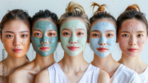 Group of Asian women wearing facial mask for skin care treatment. Beauty face therapy