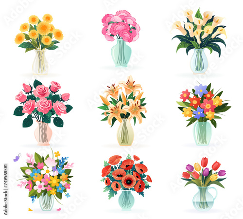 Set of bouquets in vases with spring and summer various flowers, isolated vector illustrations on white for birthday invitations, Women's Day, Mother's Day, wedding cards. Floral design, clip-art.