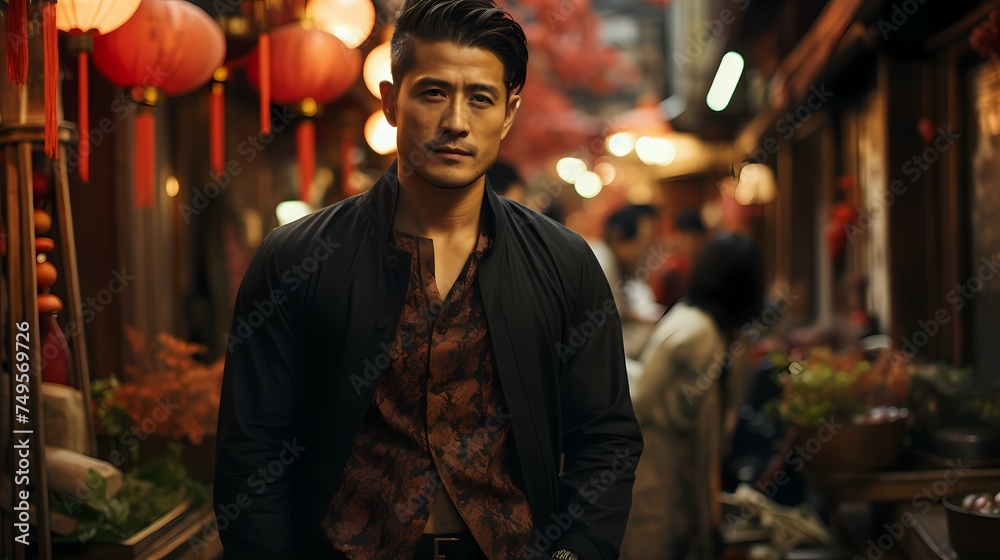 A Japanese male model walking leisurely in a traditional market, captured by a handheld HD camera, embracing the fusion of cultural heritage and contemporary fashion in a dynamic street setting