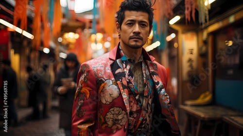A Japanese male model walking along a bustling Tokyo street, dressed in a vibrant ensemble featuring a mix of colors inspired by traditional Japanese motifs, photographed in stunning HD quality