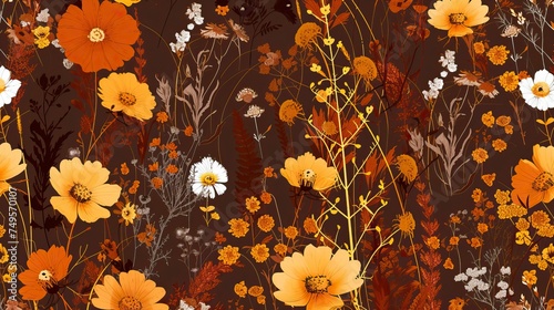 Autumn feminine seamless pattern with wildflowers in orange and brown tones