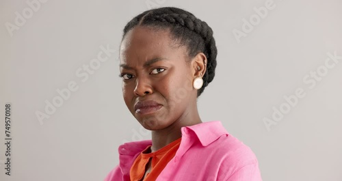 Woman, african and face with studio, disgust and cringe with reaction to news. Person, upset and gossip with emotion, wtf and negative or unhappy with omg look and unexpected notification and fail