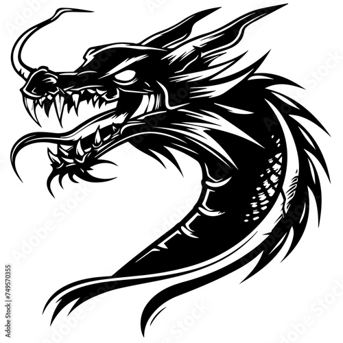 Fierce Angry Dragon Head Black Ink Vector Illustration