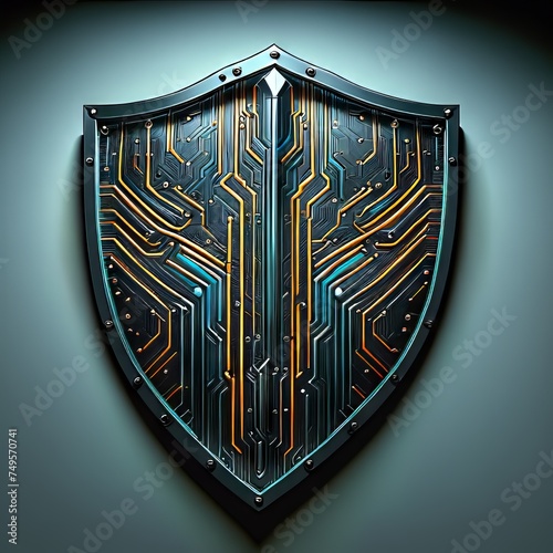 Shield with circuit pattern glowing and reflecting | Perferct for illustrating data protection photo