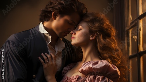 A male and female model share a tender moment, captured in a romantic pose against a soft, dreamy background