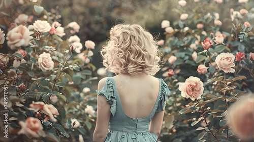 a blonde girl with curly hair hiden face stands with her back to the frame in a blue retro dress in a rose garden, back view, illustration in pastel colors photo