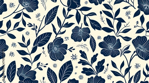bicolor contour silhouette seamless pattern with flowers and leaves. Abstract floral spring, summer pattern