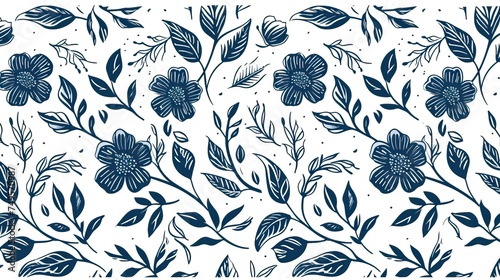 bicolor contour silhouette seamless pattern with flowers and leaves. Abstract floral spring, summer pattern photo