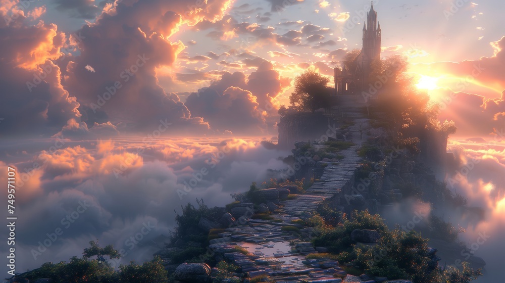 Castle sits on mountain peak amidst clouds as sun sets
