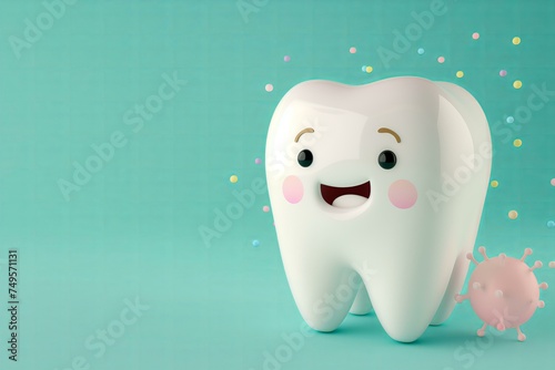 cute tooth 3d kawaii character on a pastel blue background