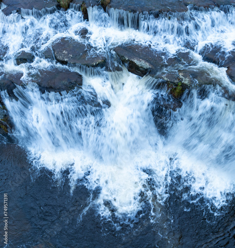 Guarguero waterfalls in winter around the port of Estacas de Trueba. Aerial view from a drone. Espinosa de los Monteros. Pasiegos Valleys. Burgos. Castile and Leon. Spain. Europe