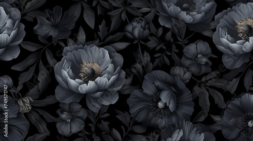 Dark seamless pattern with black flowers and leaves. Peonies, wildflowers, poppies