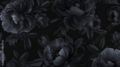 Dark seamless pattern with black flowers and leaves. Peonies, wildflowers, poppies. --ar 16:9 --v 6 Job ID: 503c37ef-ca24-4b1e-9ad3-6be30d122bf9