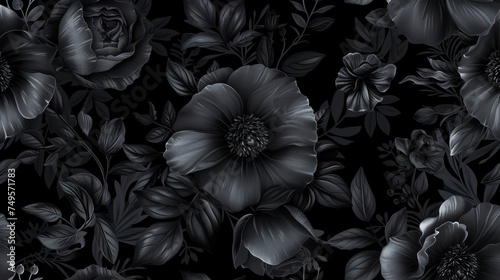 Dark seamless pattern with black flowers and leaves. Peonies, wildflowers, poppies. --ar 16:9 --v 6 Job ID: 77269e2d-42bd-41e4-83e4-8a27ad63fb8c