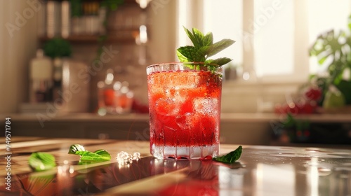 Chilled Red Fruit Cocktail on a Sunny Day, glistening red fruit cocktail adorned with fresh mint, standing on a reflective surface with a soft-focus background of a warm, sunlit kitchen
