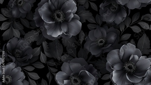Dark seamless pattern with black flowers and leaves. Peonies, wildflowers, poppies