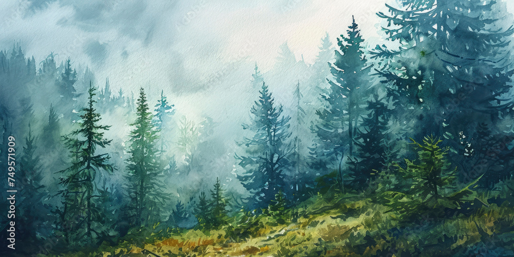Fototapeta premium spruce forest foggy fir forest watercolor landscape