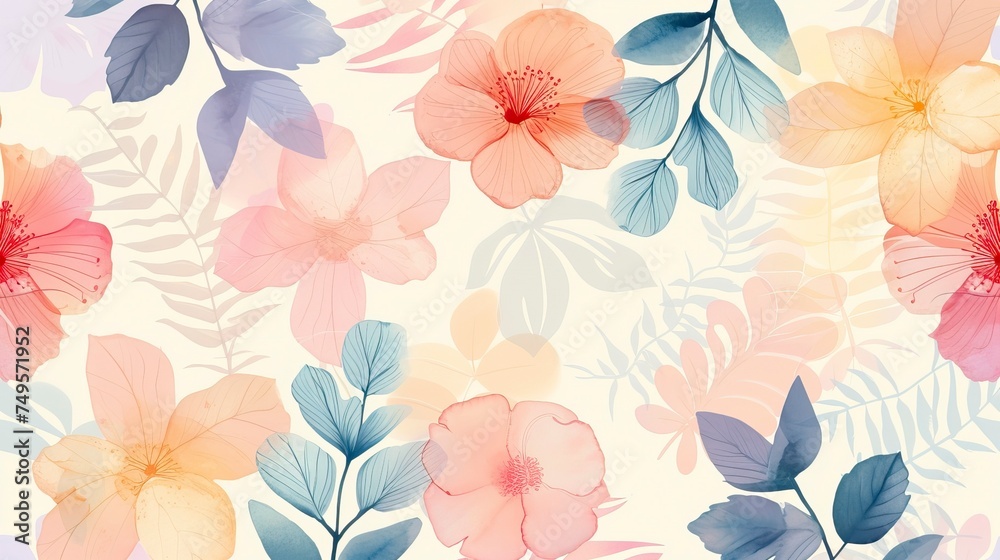 Fototapeta premium Delicate pastel silhouette of leaves and flowers seamless pattern