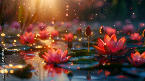 Red lotus flowers float in pond at night  enhancing natural landscape