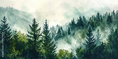 spruce forest foggy fir forest watercolor landscape © ТаtyanaGG
