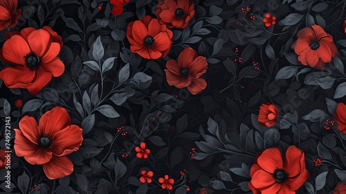 Fatal dark pattern with red flowers on a dark background with wildflowers siduets