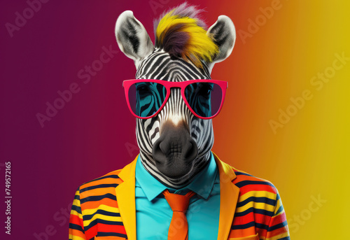 Zebra in trendy outfit with colorful mohawk and sunglasses.