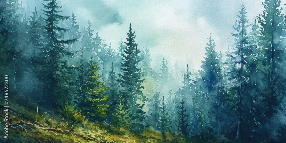 spruce forest foggy fir forest watercolor landscape - obrazy, fototapety, plakaty 