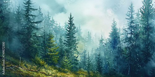 spruce forest foggy fir forest watercolor landscape