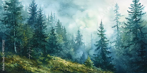 spruce forest foggy fir forest watercolor landscape photo