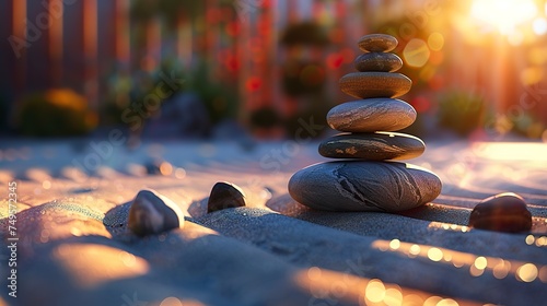 A tranquil Zen garden displays carefully raked gravel, while harmoniously balanced stones create an atmosphere of serenity and balance. Balanced stones in a zen garden.