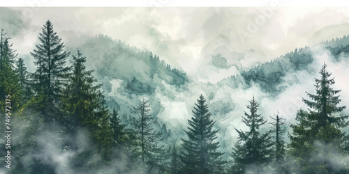 spruce forest foggy fir forest watercolor landscape photo