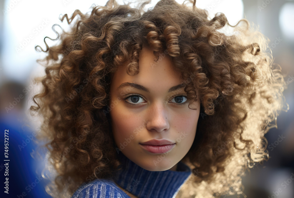 Young woman with voluminous curls and blue turtleneck exudes warmth.