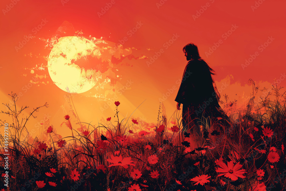 Jesus Christ on a Reflective Walk at Sunset Through a Field of Flowers Jesus Christ on a Reflective Walk at Sunset Through a Field of Flowers