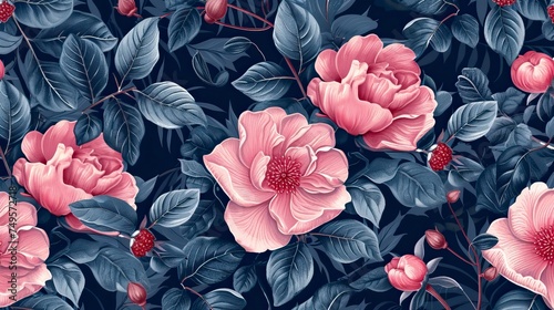 Floral blooming romantic feminine seamless pattern with imitation of satin stitch embroidery