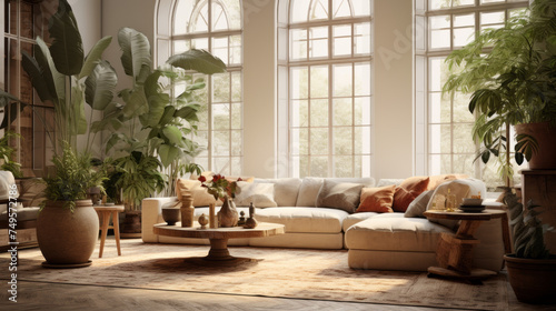 A chic living room with a Biophilic design  showcasing neutral colors  natural textures  and plenty of plants