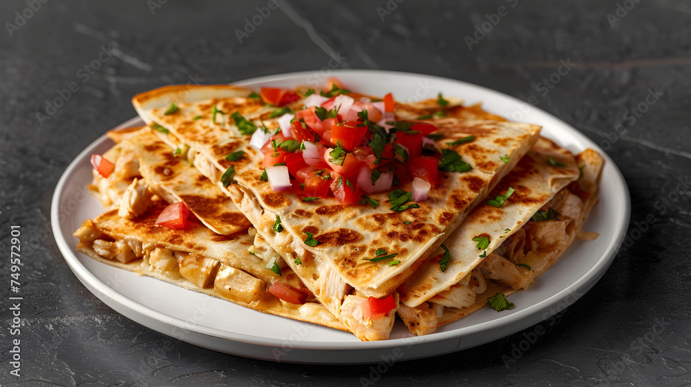 Fresh chicken quesadilla with tomato salsa on plate