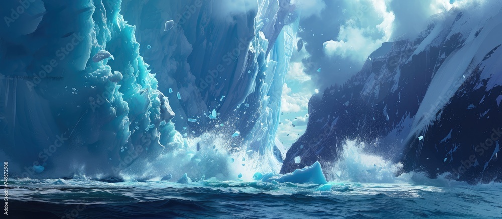 A large iceberg sits in the middle of a body of water, having broken off from a glacier and floating solo. The icy mass stands tall against the surrounding water, showcasing the power and beauty of