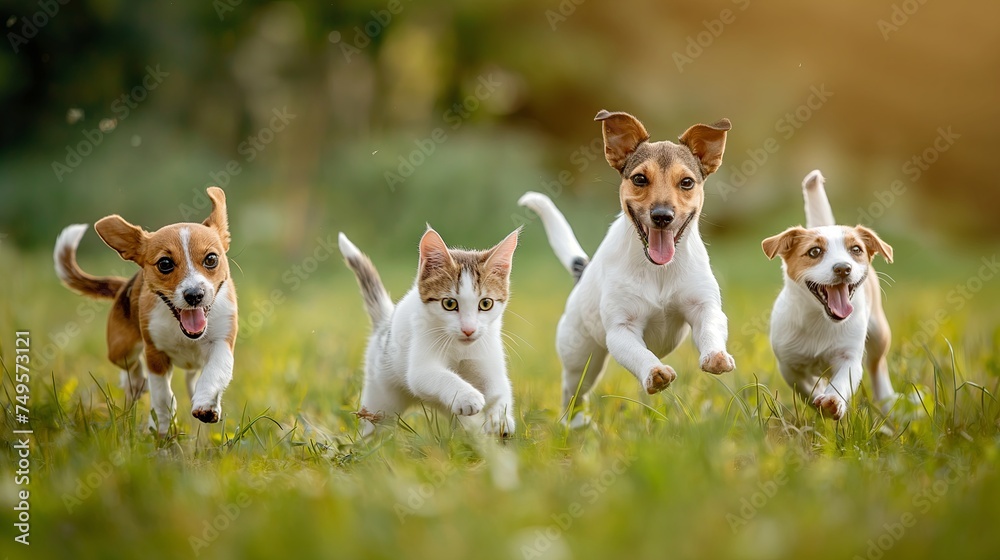 Cute funny dog and cat group jumps and running and happily a field blurred background Cute funny dog and cat group jumps and running and happily a field blurred background
