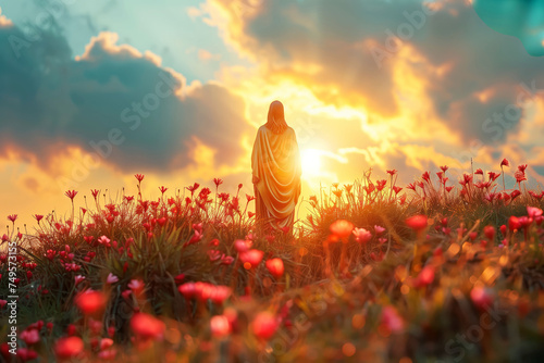 Jesus Christ Contemplative at Sunset Overlooking a Field of Red Flowers
