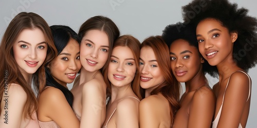 Portrait of diverse group of beautiful women with natural beauty and glowing smooth skin