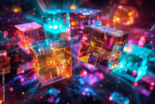 Abstract neon light cube design background. Ai generative art