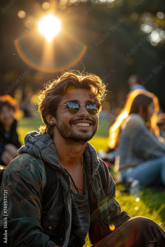 A handsome, smiling guy in sunglasses enjoys a sunny day, radiating confidence and positivity.