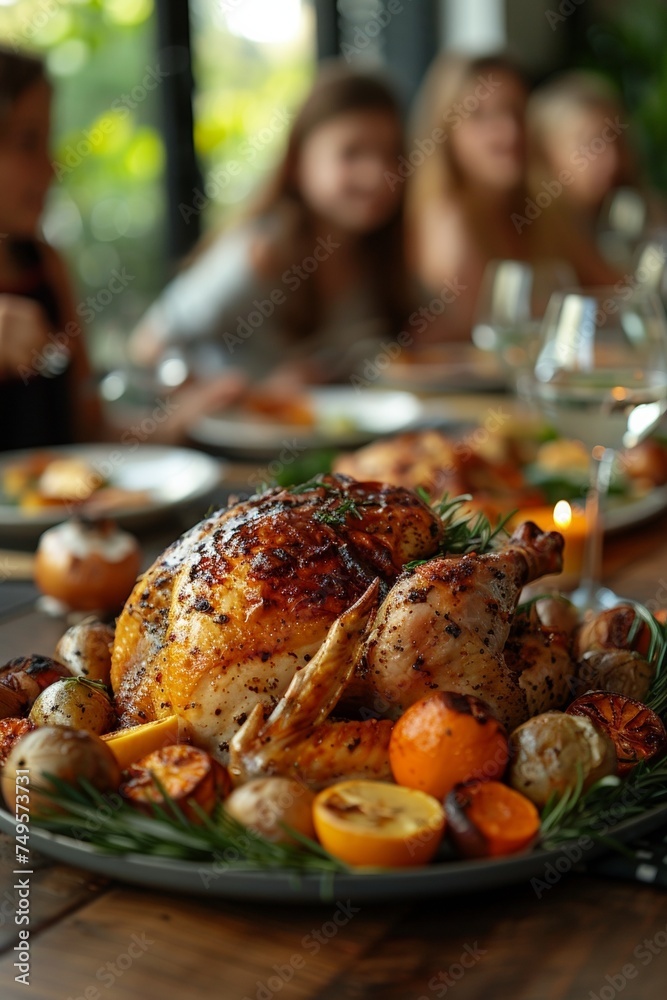 A Thanksgiving dinner table adorned with a festive feast, featuring a delicious roasted turkey and seasonal decorations. A Thanksgiving dinner table adorned with a festive feast, featuring a delicious roasted turkey and seasonal decorations.