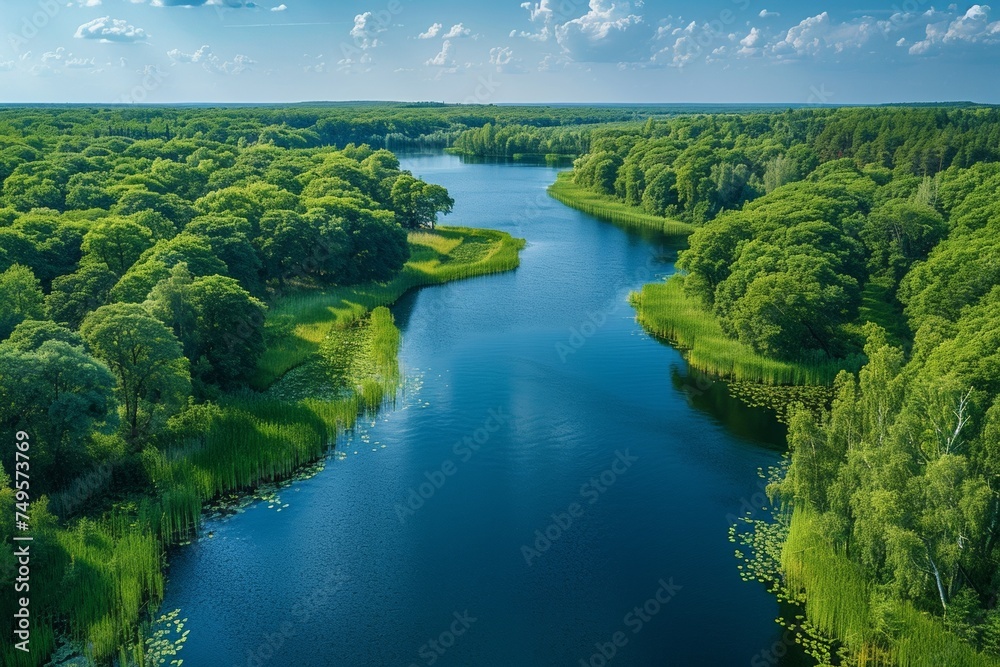A lush summer landscape with a meandering river, green woods, and a scenic aerial view.