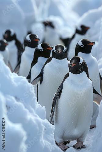 A group of cute penguins walks along the snowy Antarctic hills, showcasing wild beauty.