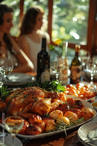 A festive celebration with friends and family, featuring a table adorned with a delicious feast.