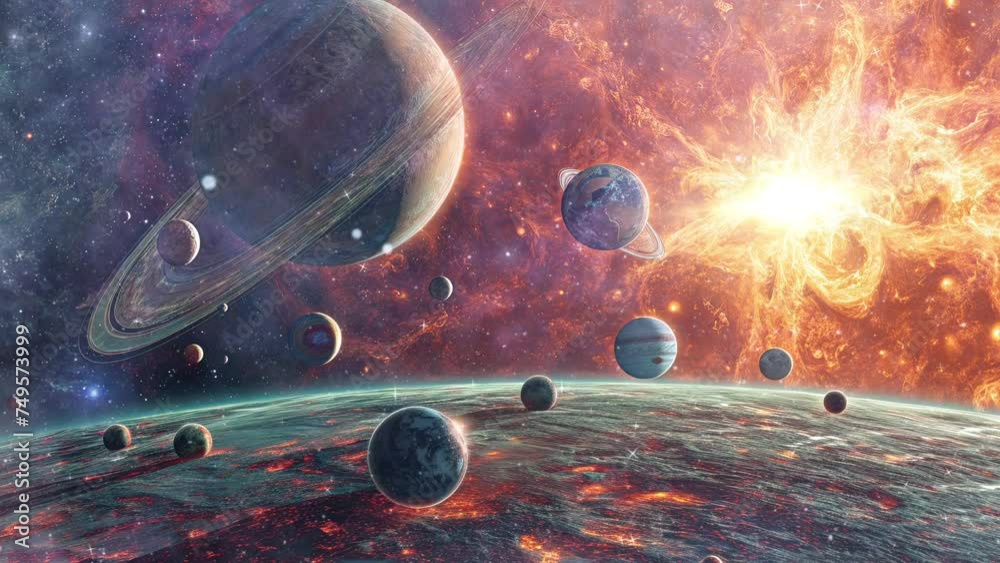 alien world planet, deep space landscape with several moons
