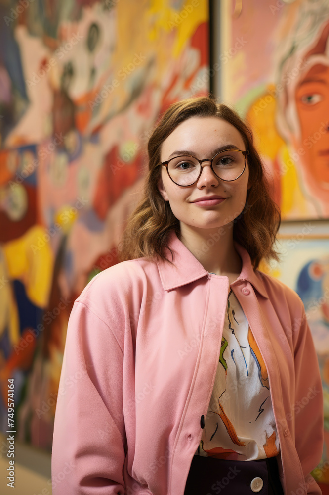 Young woman in pink jacket and glasses, standing confidently against a vibrant, colorful art backdrop. Young woman in pink jacket and glasses, standing confidently against a vibrant, colorful art backdrop.
